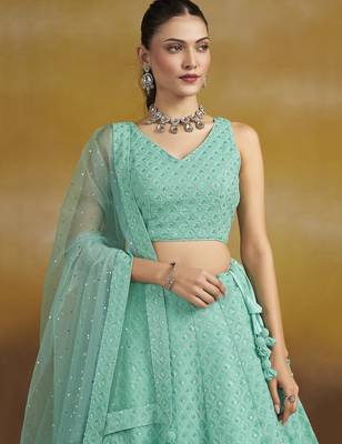 SKY BLUE GEORGETTE SEQUINS & THREAD EMBROIDERED STITCHED LEHENGA CHOLI 2