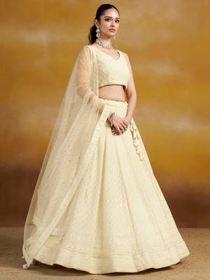 WHITE GEORGETTE SEQUINS & THREAD EMBROIDERED STITCHED LEHENGA CHOLI 1