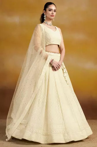 WHITE GEORGETTE SEQUINS & THREAD EMBROIDERED STITCHED LEHENGA CHOLI