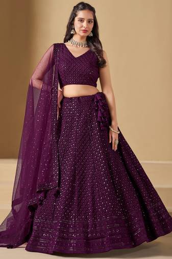 WINE GEORGETTE SEQUINS & THREAD EMBROIDERED STITCHED LEHENGA CHOLI