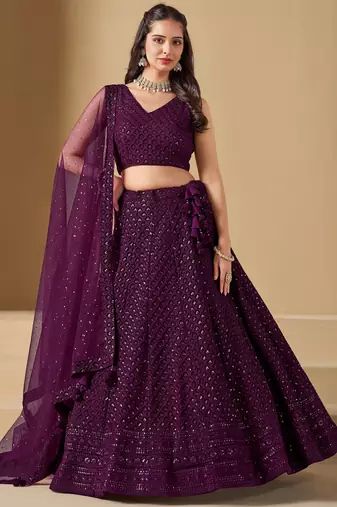 WINE GEORGETTE SEQUINS & THREAD EMBROIDERED STITCHED LEHENGA CHOLI