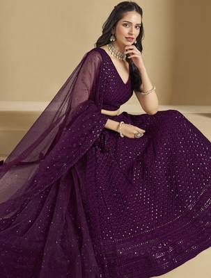 WINE GEORGETTE SEQUINS & THREAD EMBROIDERED STITCHED LEHENGA CHOLI 2