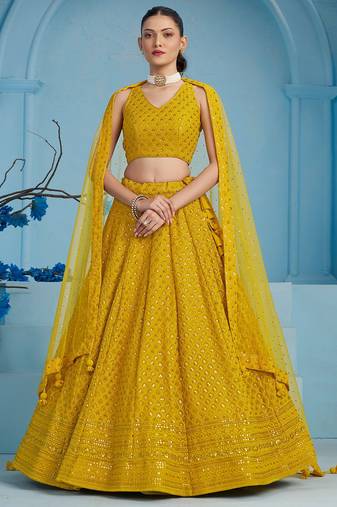 YELLOW GEORGETTE SEQUINS & THREAD EMBROIDERED STITCHED LEHENGA CHOLI