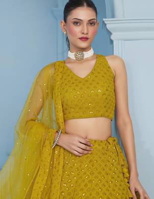 YELLOW GEORGETTE SEQUINS & THREAD EMBROIDERED STITCHED LEHENGA CHOLI 2
