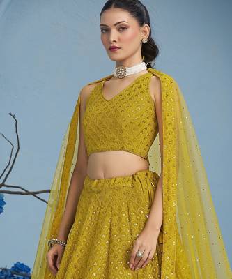YELLOW GEORGETTE SEQUINS & THREAD EMBROIDERED STITCHED LEHENGA CHOLI 5
