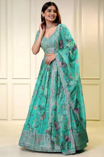 BLUE ZARI & SEQUINS EMROIDERY FLORAL PRINT ORGENZA STITCHED LEHENGA CHOLI