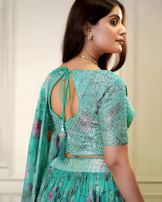 BLUE ZARI & SEQUINS EMROIDERY FLORAL PRINT ORGENZA STITCHED LEHENGA CHOLI 5