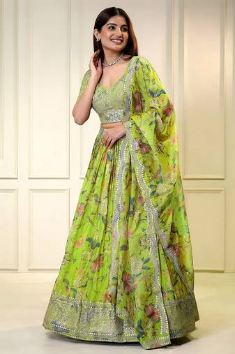 NEON ZARI & SEQUINS EMROIDERY FLORAL PRINT ORGENZA STITCHED LEHENGA CHOLI