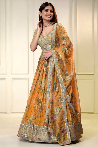 ORANGE ZARI & SEQUINS EMROIDERY FLORAL PRINT ORGENZA STITCHED LEHENGA CHOLI