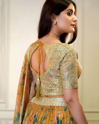ORANGE ZARI & SEQUINS EMROIDERY FLORAL PRINT ORGENZA STITCHED LEHENGA CHOLI 3