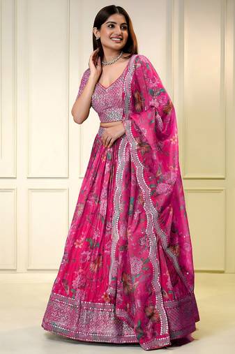 PINK ZARI & SEQUINS EMROIDERY FLORAL PRINT ORGENZA STITCHED LEHENGA CHOLI