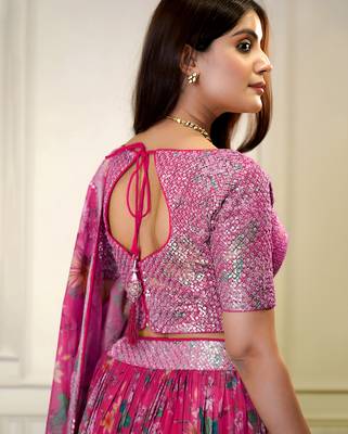 PINK ZARI & SEQUINS EMROIDERY FLORAL PRINT ORGENZA STITCHED LEHENGA CHOLI 3