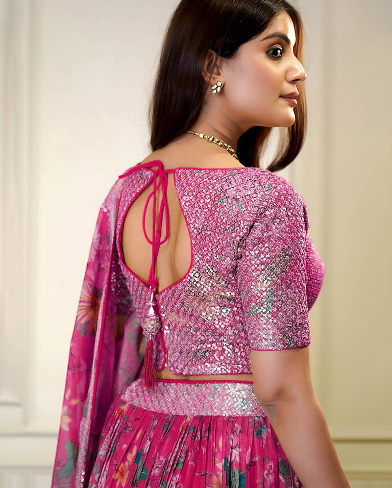 PINK ZARI & SEQUINS EMROIDERY FLORAL PRINT ORGENZA STITCHED LEHENGA CHOLI