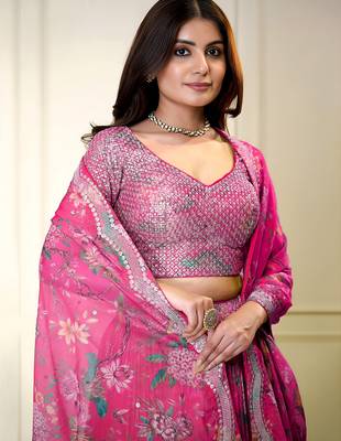 PINK ZARI & SEQUINS EMROIDERY FLORAL PRINT ORGENZA STITCHED LEHENGA CHOLI 4