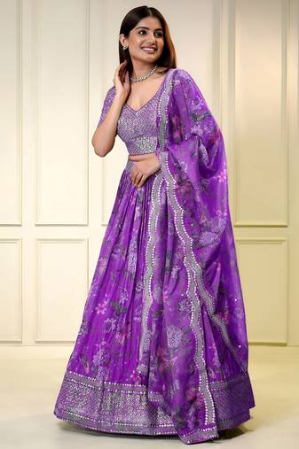 PURPLE ZARI & SEQUINS EMROIDERY FLORAL PRINT ORGENZA STITCHED LEHENGA CHOLI