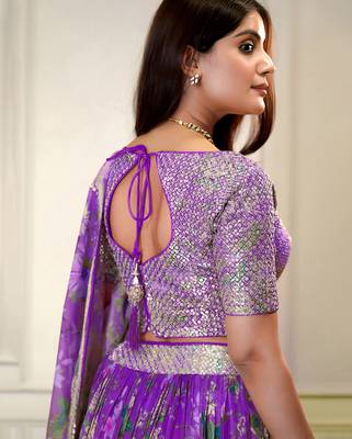 PURPLE ZARI & SEQUINS EMROIDERY FLORAL PRINT ORGENZA STITCHED LEHENGA CHOLI 3