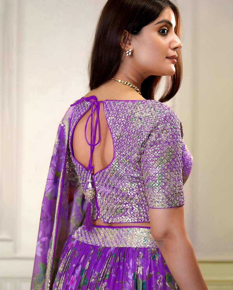 PURPLE ZARI & SEQUINS EMROIDERY FLORAL PRINT ORGENZA STITCHED LEHENGA CHOLI