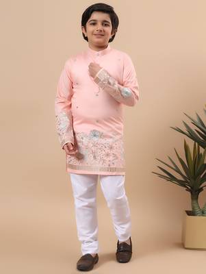 Boys peach silk blend floral embroidered border kurta & pyjama set 1