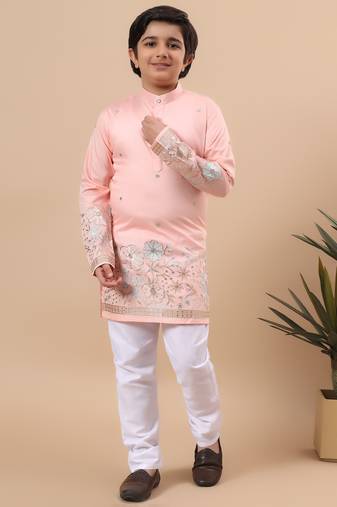 Boys peach silk blend floral embroidered border kurta & pyjama set