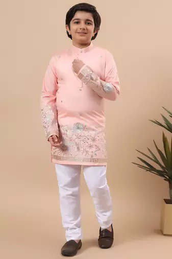 Boys peach silk blend floral embroidered border kurta & pyjama set