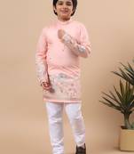 Boys peach silk blend floral embroidered border kurta & pyjama set