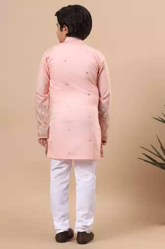 Boys peach silk blend floral embroidered border kurta & pyjama set