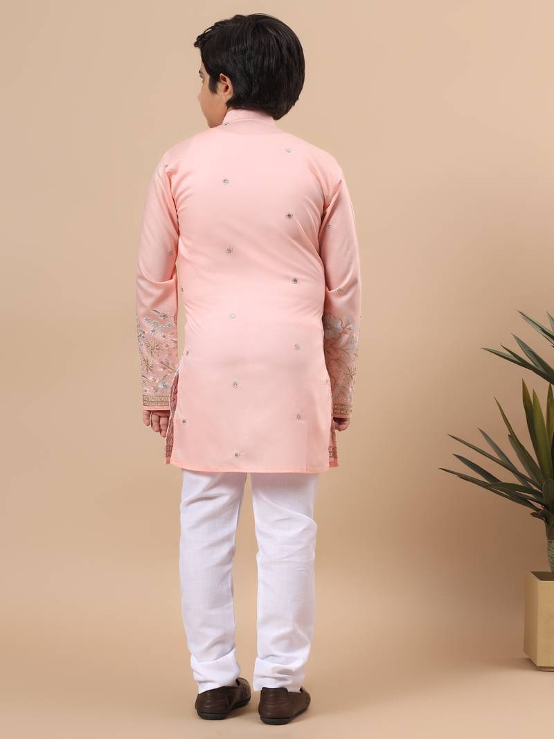 Boys peach silk blend floral embroidered border kurta & pyjama set