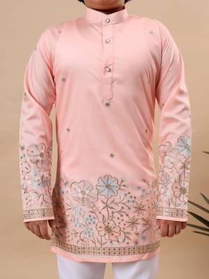 Boys peach silk blend floral embroidered border kurta & pyjama set 3