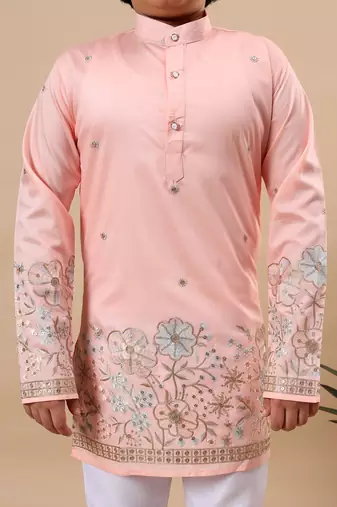 Boys peach silk blend floral embroidered border kurta & pyjama set