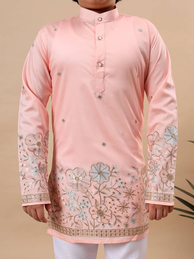 Boys peach silk blend floral embroidered border kurta & pyjama set