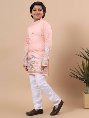 Boys peach silk blend floral embroidered border kurta & pyjama set 4