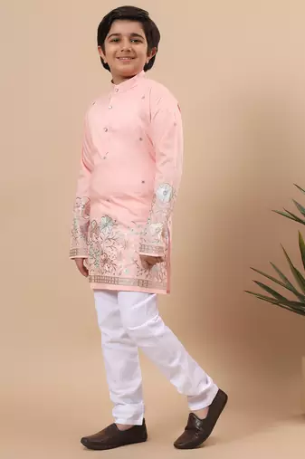 Boys peach silk blend floral embroidered border kurta & pyjama set