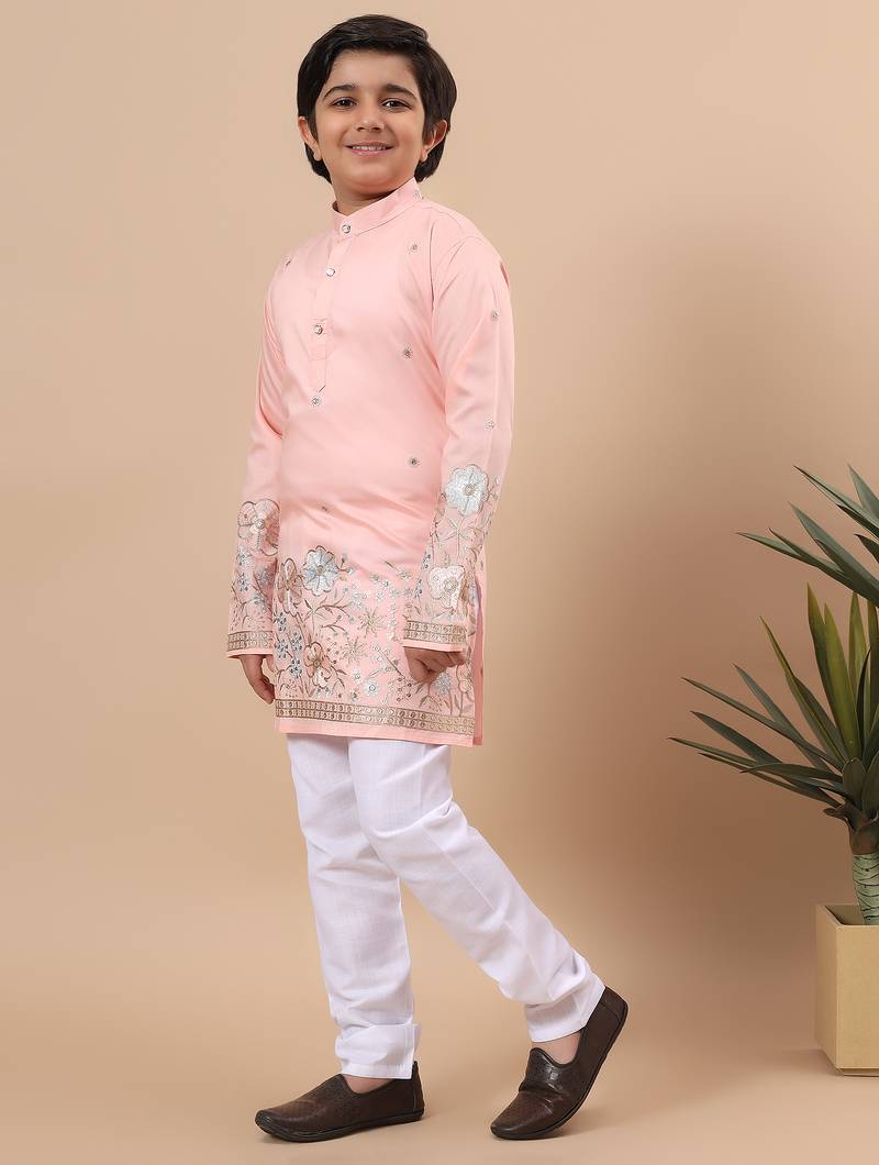 Boys peach silk blend floral embroidered border kurta & pyjama set
