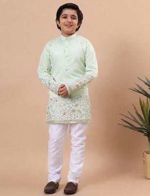 Boys pista green silk blend  floral embroidered border kurta & pyjama set 1