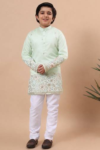 Boys pista green silk blend  floral embroidered border kurta & pyjama set