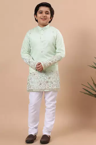 Boys pista green silk blend  floral embroidered border kurta & pyjama set