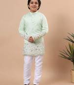 Boys pista green silk blend  floral embroidered border kurta & pyjama set