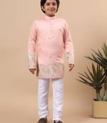 Boys peach silk blend geometric floral embroidered border kurta & pyjama set