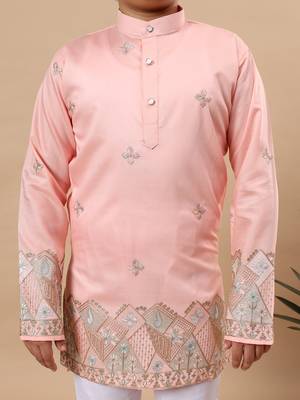 Boys peach silk blend geometric floral embroidered border kurta & pyjama set 3