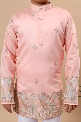 Boys peach silk blend geometric floral embroidered border kurta & pyjama set