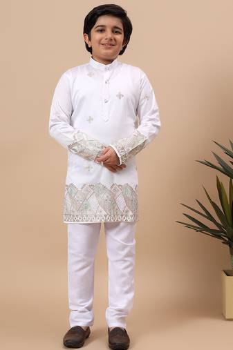 Boys white silk blend  geometric floral embroidered border kurta & pyjama set
