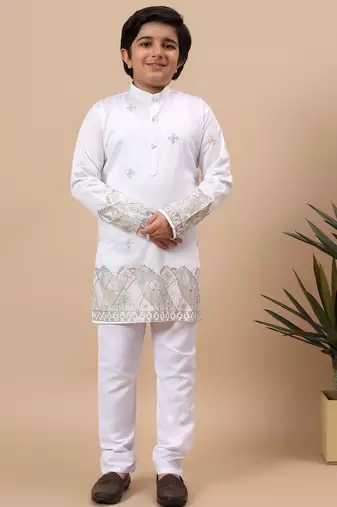 Boys white silk blend  geometric floral embroidered border kurta & pyjama set