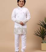 Boys white silk blend  geometric floral embroidered border kurta & pyjama set