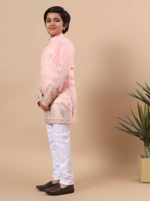 Boys peach silk blend geometric floral embroidered border kurta & pyjama set 4