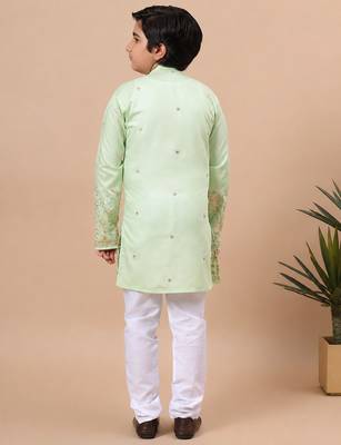 Boys pista green silk blend  floral embroidered border kurta & pyjama set 2