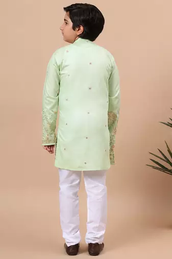 Boys pista green silk blend  floral embroidered border kurta & pyjama set