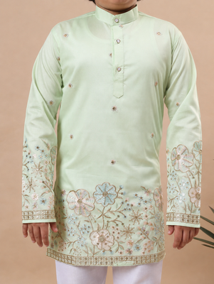 Boys pista green silk blend  floral embroidered border kurta & pyjama set 3
