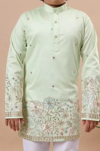 Boys pista green silk blend  floral embroidered border kurta & pyjama set