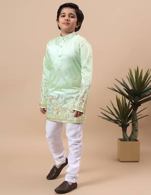 Boys pista green silk blend  floral embroidered border kurta & pyjama set 4