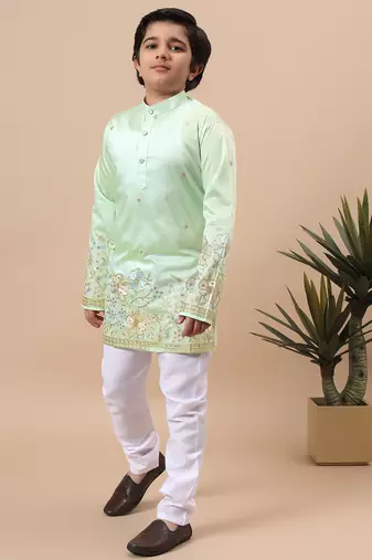 Boys pista green silk blend  floral embroidered border kurta & pyjama set
